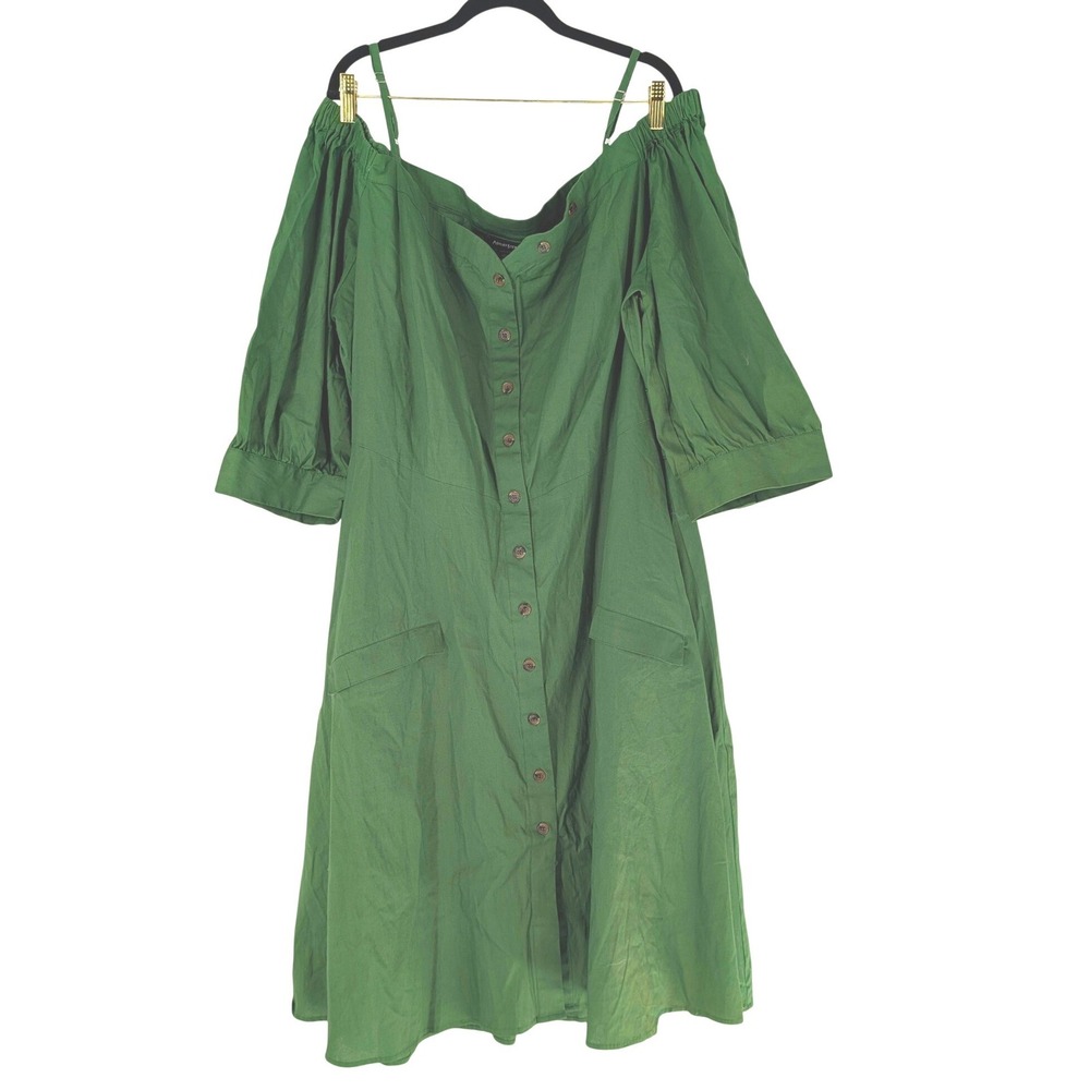Ashley Stewart Dress Womens 22/24 Green Excellent Off Shoulder Puff Sleeve Midi